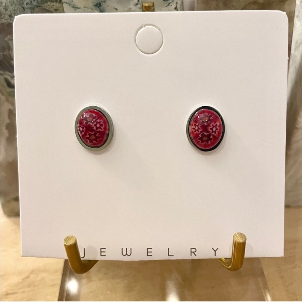 Red Floral Design Murano Silver Hypoallergenic Earrings
